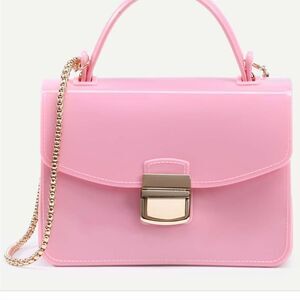 PINK PUSHLOCK CLOSURE PLASTIC HANDBAG WITH GOLD CHAIN DESIGN  SHOULDER STRAP